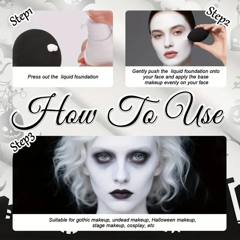 White Liquid Foundation, Full Coverage Heavy Duty Coverage, Creamy Liquid Formula for Goth Makeup, Cosplay, Long-Lasting Matte