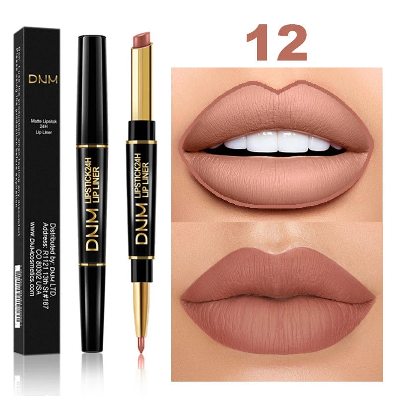 DNM 2 In 1 Matte Lipstick Pencil Double Head Lip Liner Pen Long Lasting Waterproof Lady Charming Nude Red Lipliner Pencil Makeup