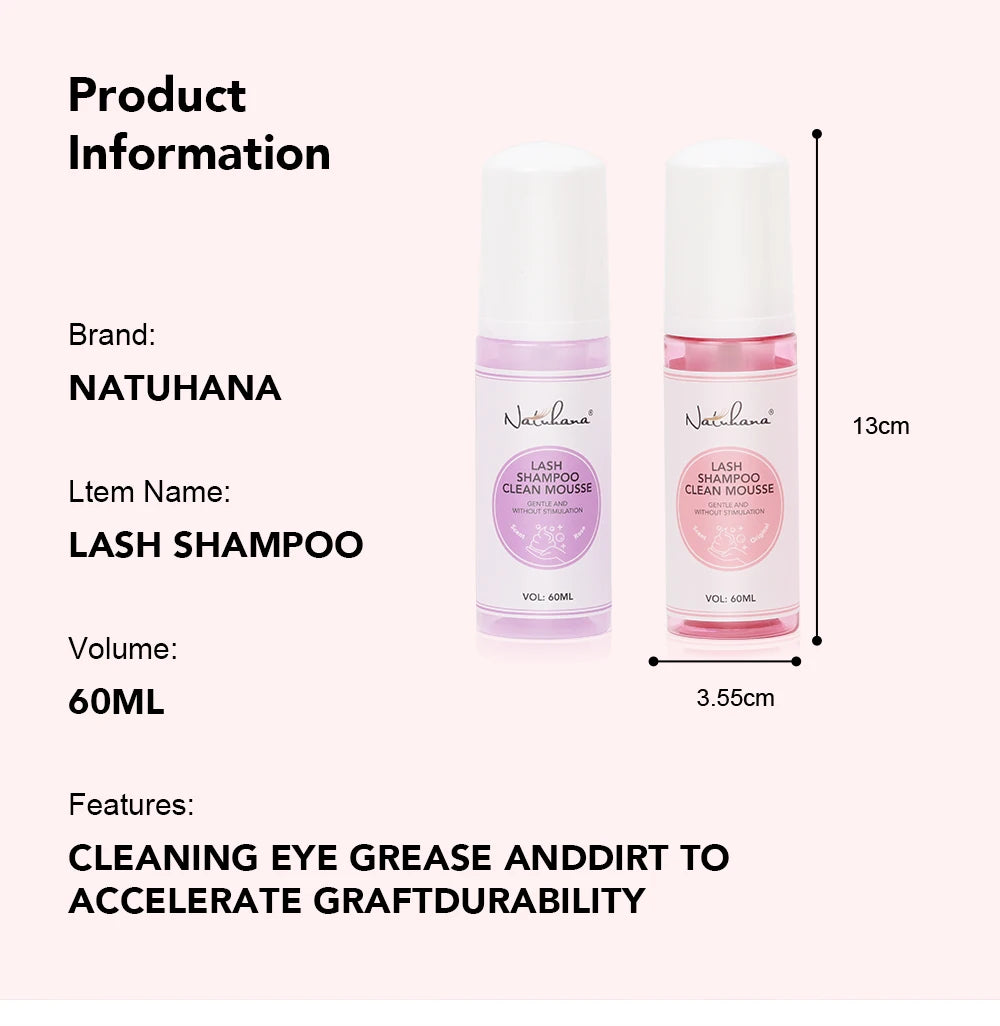 NATUHANA 60ml Gentle Lash Cleansing Mousse No Irritation Eyelash Shampoo for Extensions Grafting Makeup Remover Glue Cleanser
