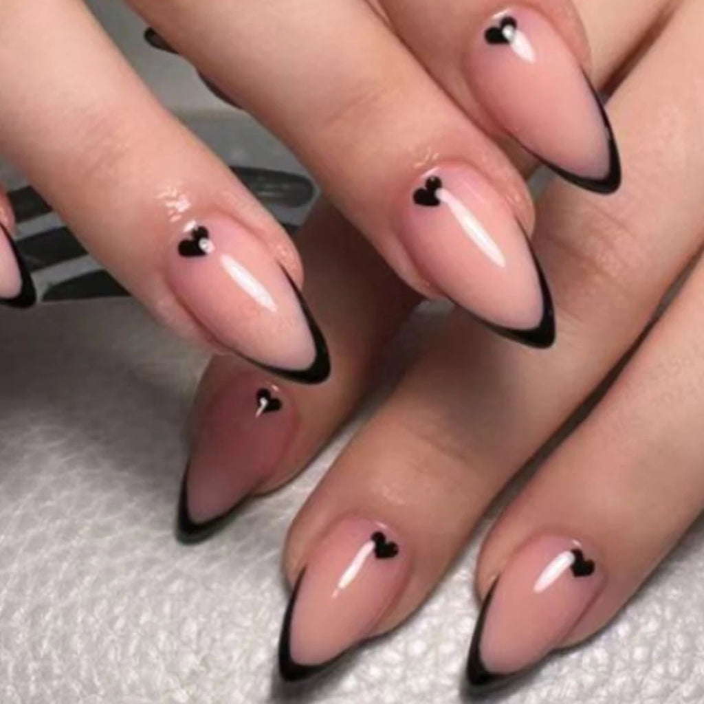 24PCS Almond-Pressed Nail Shorts, Pink False Nails, Elegantly Crafted Golden French Tips Golden and Charming