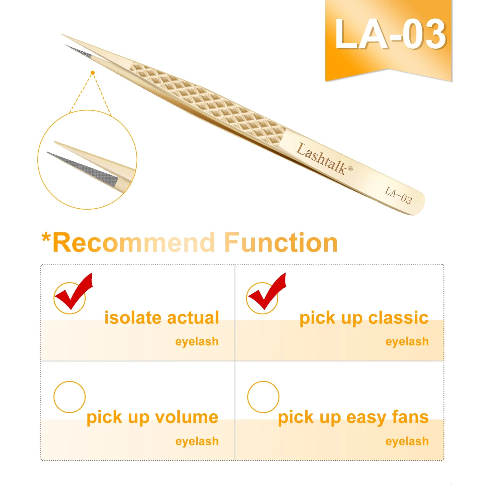 Lashtalk Precision Fiber Tip Tweezer Eyelash Extensions Diamond Grip Anti-Slip Premium Gold Stainless Steel Makeup With Box Pack