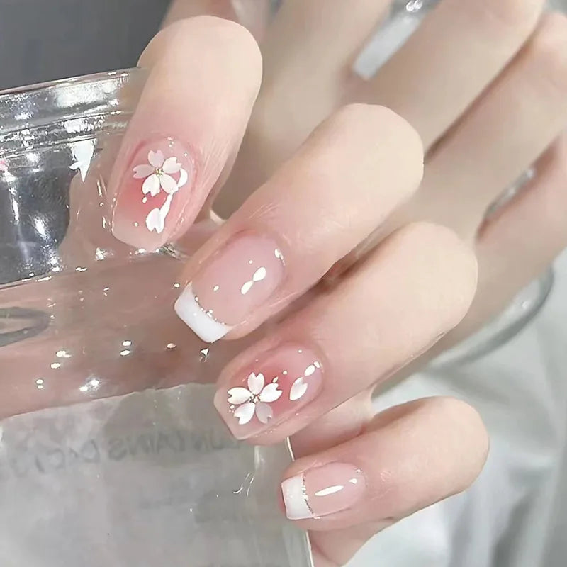 24pcs/set short saure fake nails for Spring summer season french style flowers butterfly design press on false nail art tips