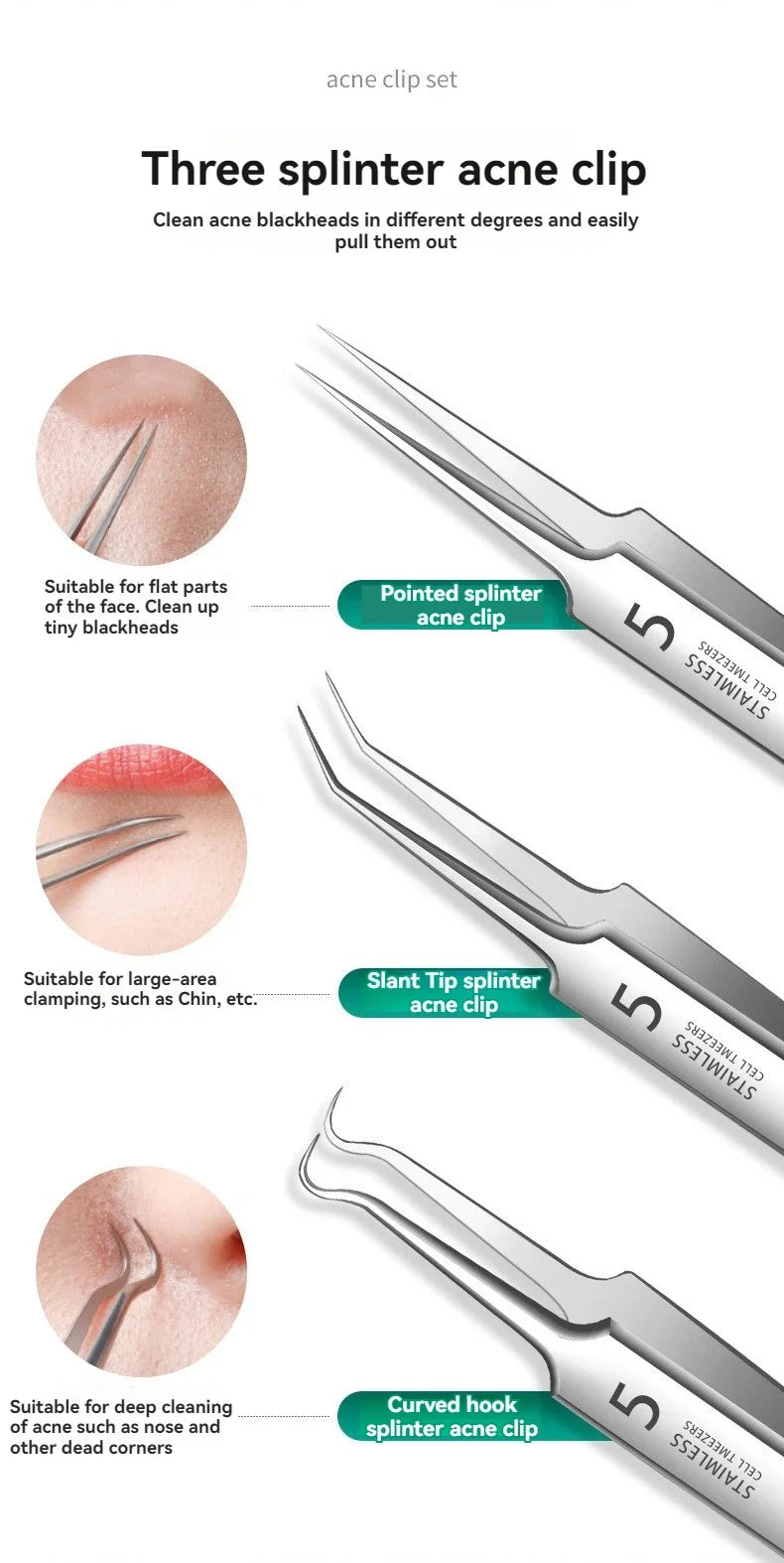 1-11PCS Stainless Steel Acne Clip, Cell Clip, Blackhead Clip, Acne Needle, Beauty Salon Acne Tool