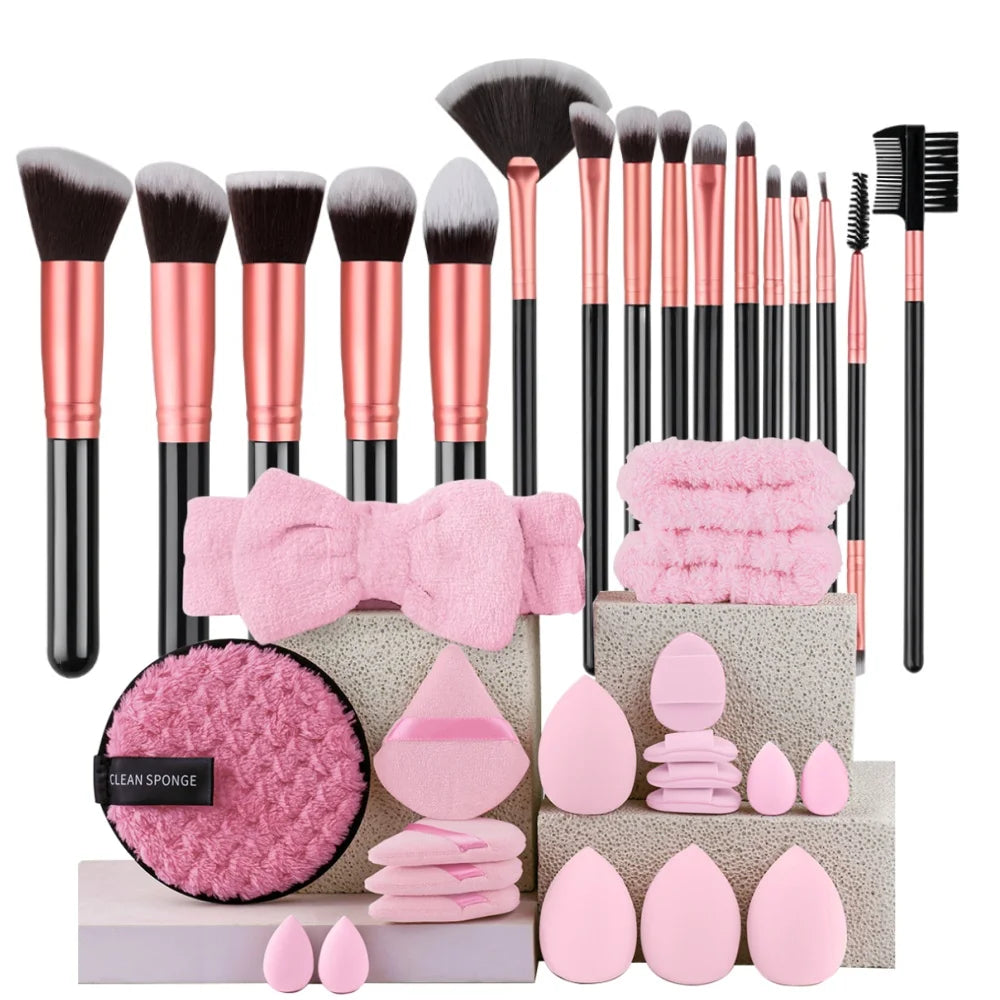16Pcs Professional Makeup Brush Set Eye Shadow Contouring Foundation Highlight Setting Powder Blending Makeup Sponge Powder Puff