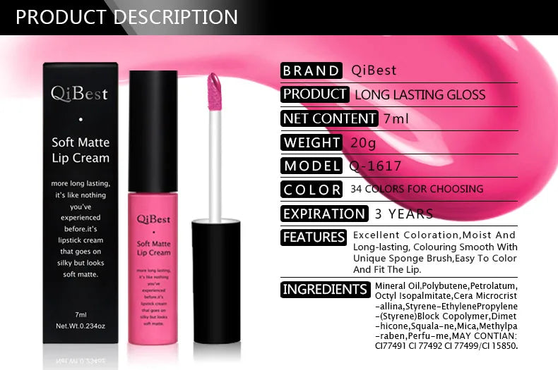 QIBEST Sexy Velvet Matte Lip Gloss Liquid Lipstick Lipgloss Beauty Red Nude Waterproof Long-lasting Lip Stain Makeup For Women