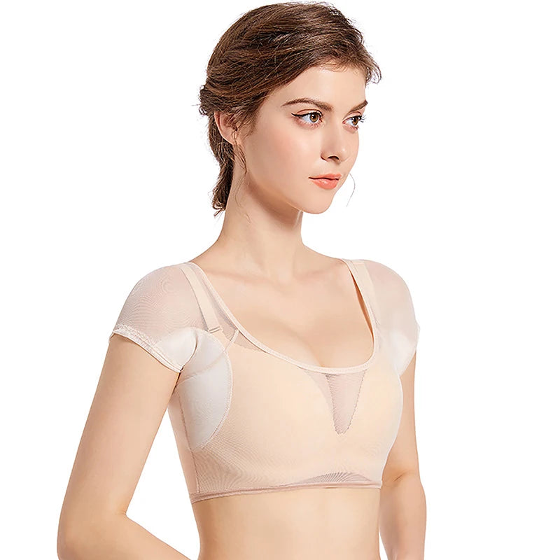 Transparent Mesh Ultra-thin Vest Absorbent Deodorant Pad Women T-shirt Washable Sweat Proof Under Top With Underarm Sweat Pads