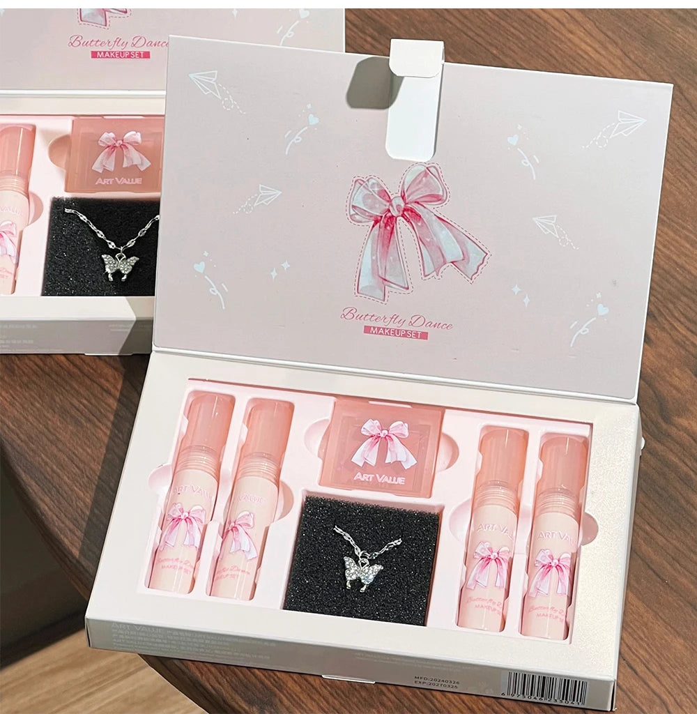 6Pcs/Box Matte Lipstick Set Lips Makeup Velvet Nude Lip Gloss Moisturizing Lip Glaze Face Blush Palette Makeup Set Necklace Gift