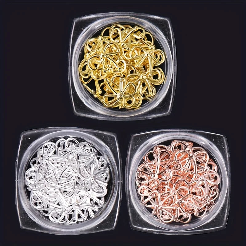 3 Bottle Metal Willow Bows Nail Decoration Gold Silver 3D Bowknot Design DIY Charm Elegant Metallic Jewelry Manicure Accessoires