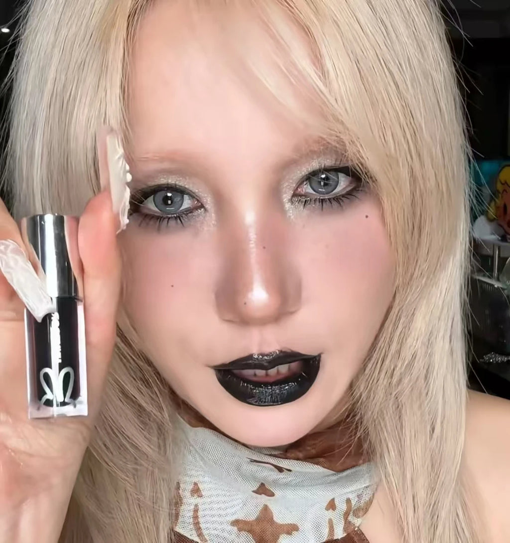HYNTOOR Goth Lip Gloss Mirror Moist Nude Grey Black Silvery Fine Flash Low Saturation Lip Glaze Lasting Halloween Lip Makeup