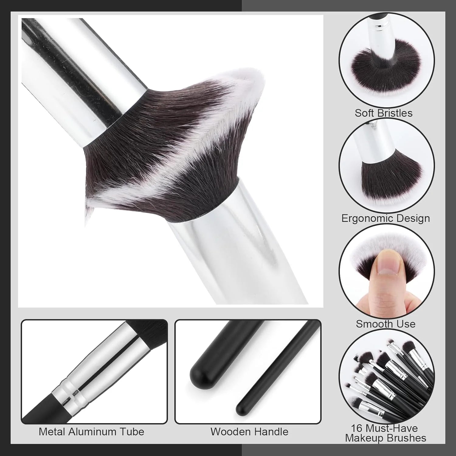 16Pcs Professional Makeup Brush Set Eye Shadow Contouring Foundation Highlight Setting Powder Blending Makeup Sponge Powder Puff