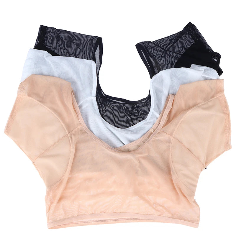 Transparent Mesh Ultra-thin Vest Absorbent Deodorant Pad Women T-shirt Washable Sweat Proof Under Top With Underarm Sweat Pads