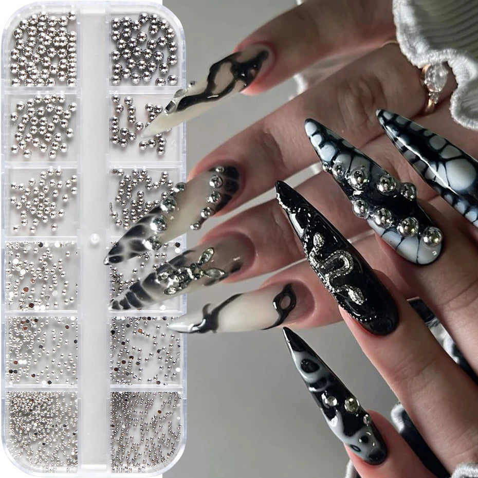 12 Grids Punk Silvery Gothic Punk Nail Charms Studs Metal Rivets Alloy Piercing Grunge DIY Nail Art Decoration Y2K Nail Supplies