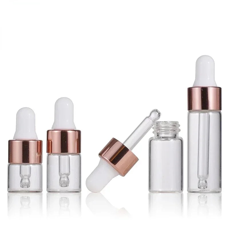 10pcs Mini Dropper Bottles Glass Empty Essential Oil Aromatherapy Bottles 1ml 2ml 3ml 5ml Rose Gold Cap Pipettes Bottles