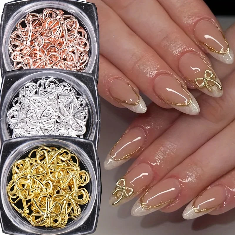 3 Bottle Metal Willow Bows Nail Decoration Gold Silver 3D Bowknot Design DIY Charm Elegant Metallic Jewelry Manicure Accessoires