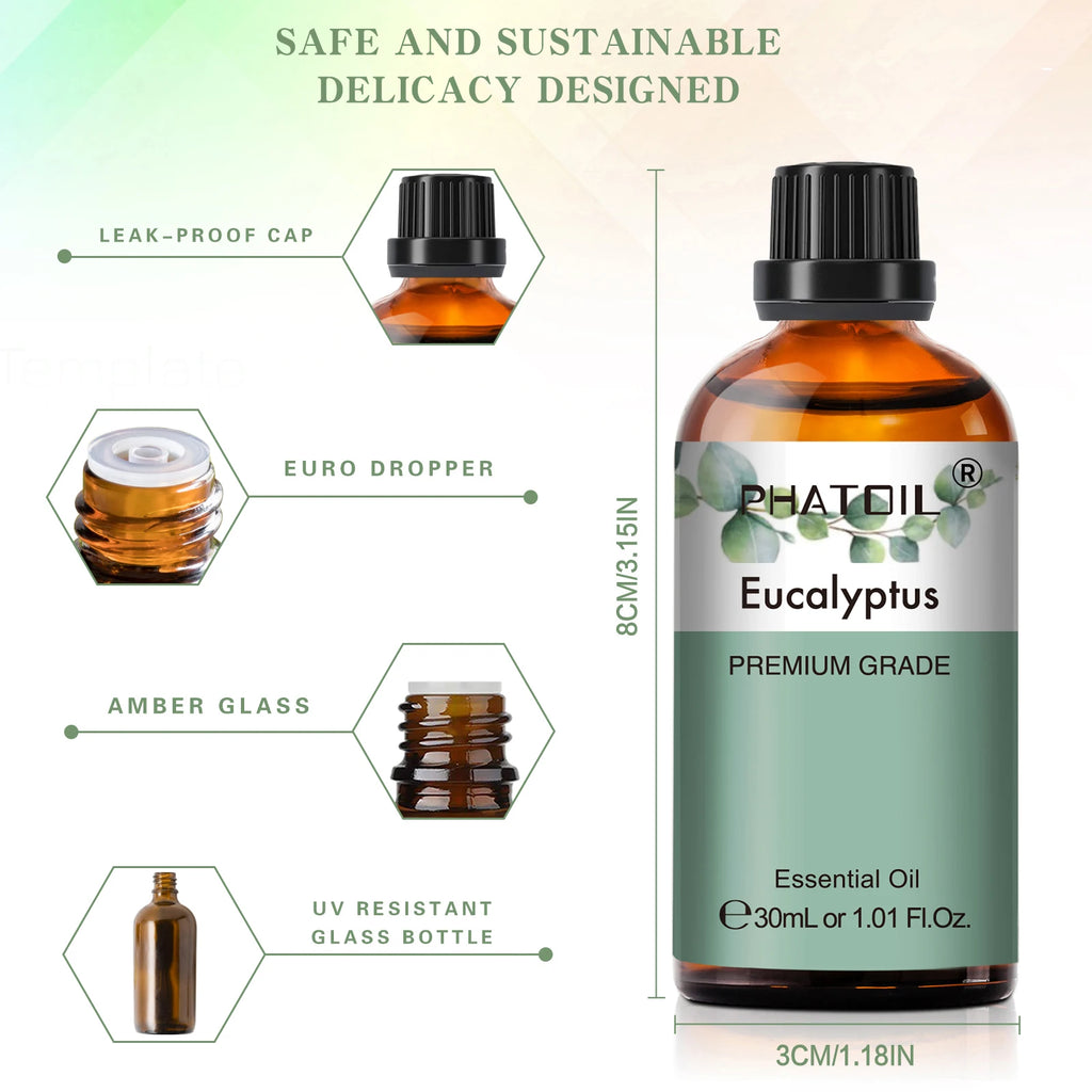 PHATOIL 1PCS Aromatherapy Essential Oil 30ml Lemon Eucalyptus Lavender Bergamot Jasmine Juniper Rose Vanilla Aroma Essential Oil