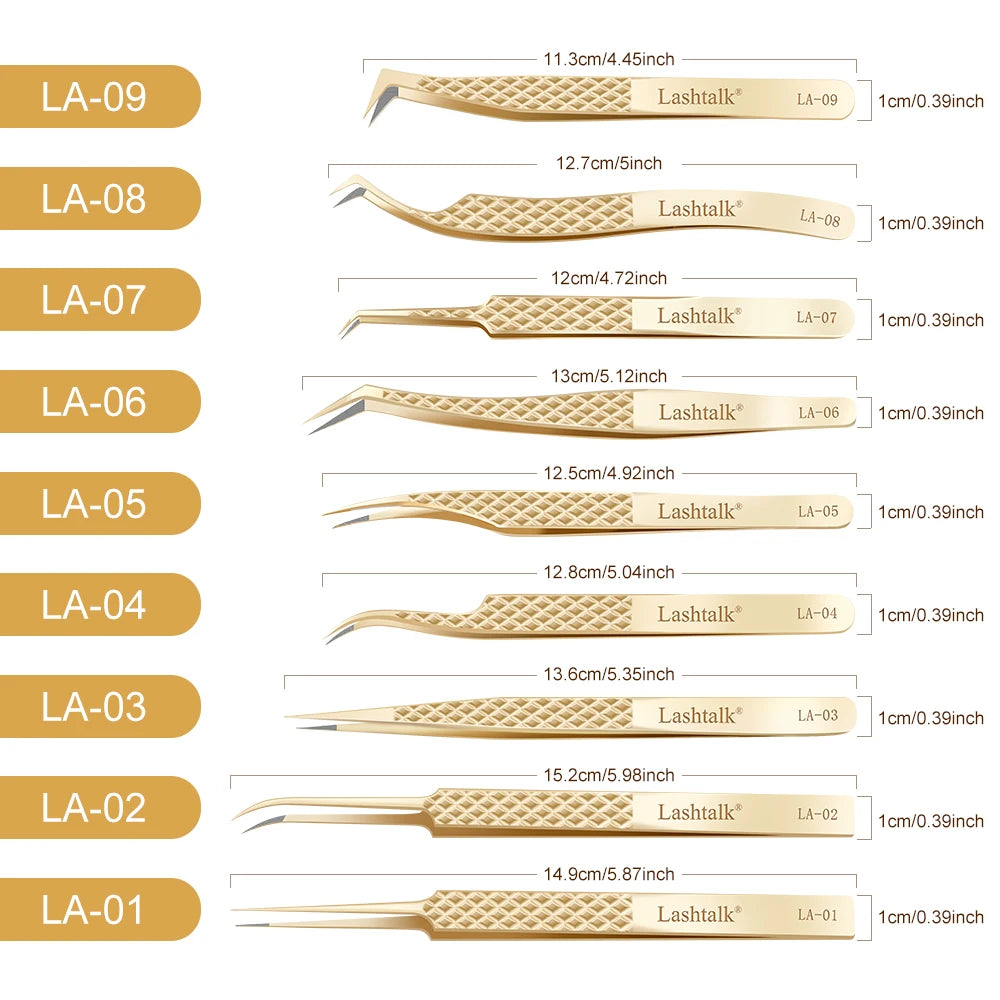 Lashtalk Precision Fiber Tip Tweezer Eyelash Extensions Diamond Grip Anti-Slip Premium Gold Stainless Steel Makeup With Box Pack
