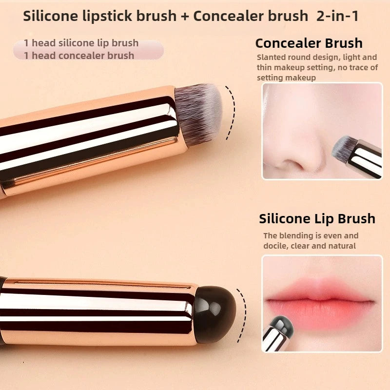 2 In 1 Silicone Lip Brush Concealer Brush Wooden Handle Lipstick Lip Balm Applicator with Cap Travel Makeup Brush Beauty Tools
