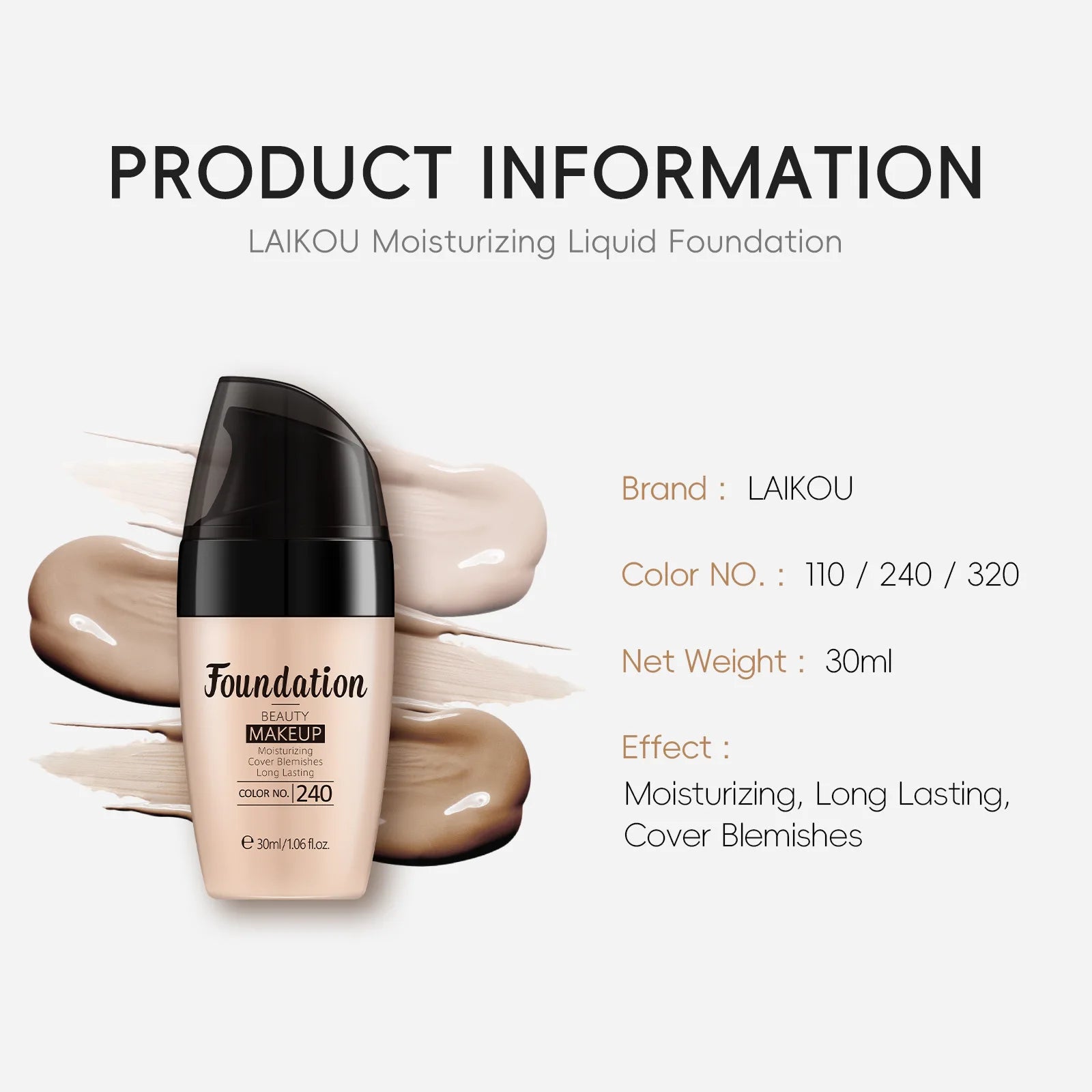 LAIKOU Liquid Foundation Multiple Shades Hydrating Natural Finish Creamy Full Coverage Makeup Base Long Lasting Wear 30ml
