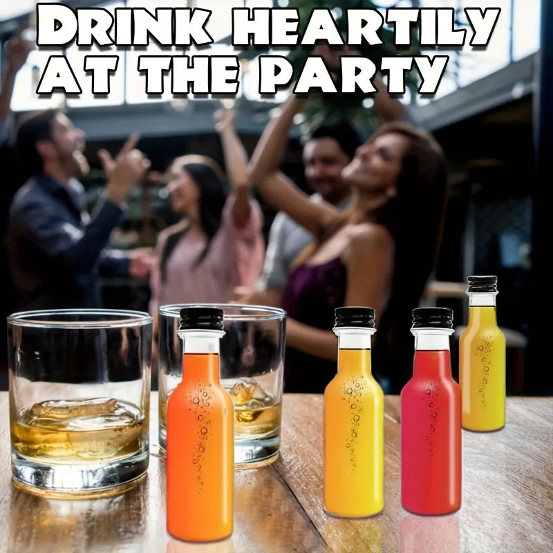 20 Mini Wine Bottles with Gold, Silver or Black Lid, 1.7 oz Plastic Small Cups with 2 Funnels - Reusable Party, Sample and Spirits Drink Container