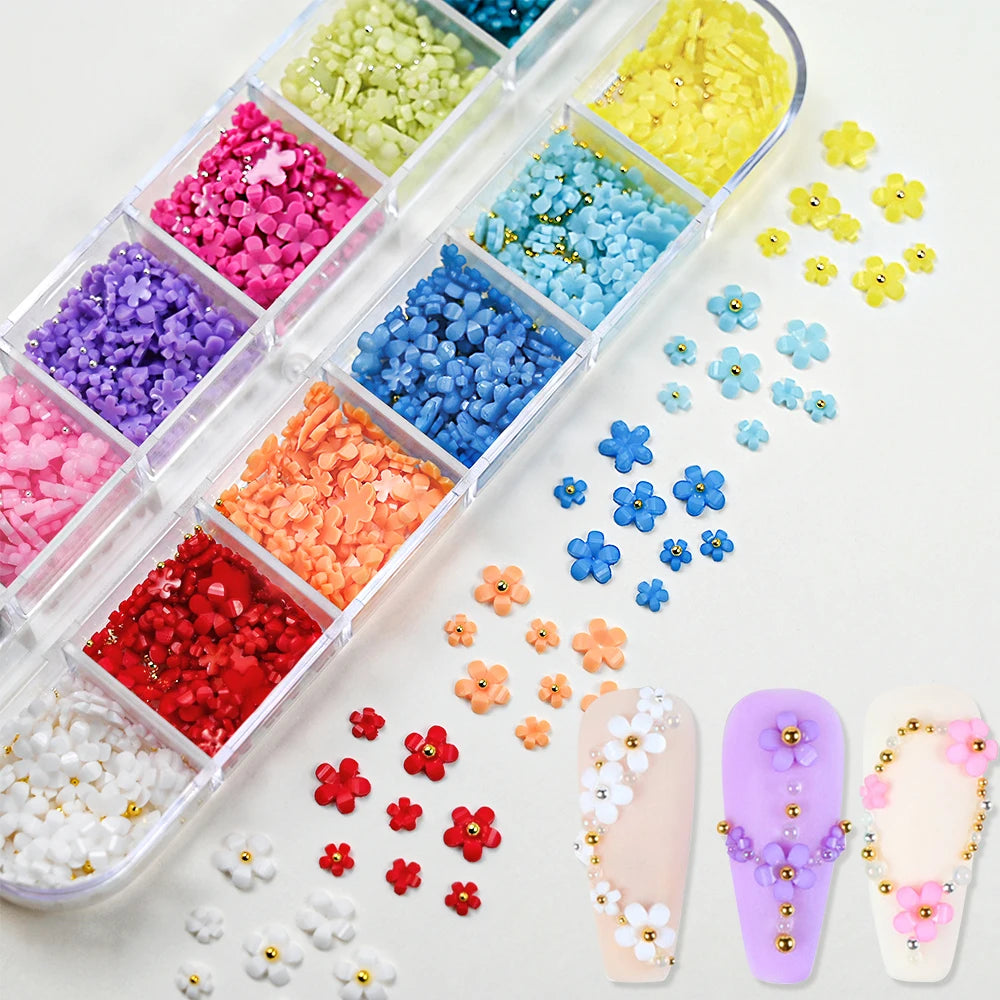 1Box 3D Pink/White Acrylic Flower Nail Charms with Gold&Silver Steel Beads Nail Art Decorations DIY Crafts Manicure Accessories