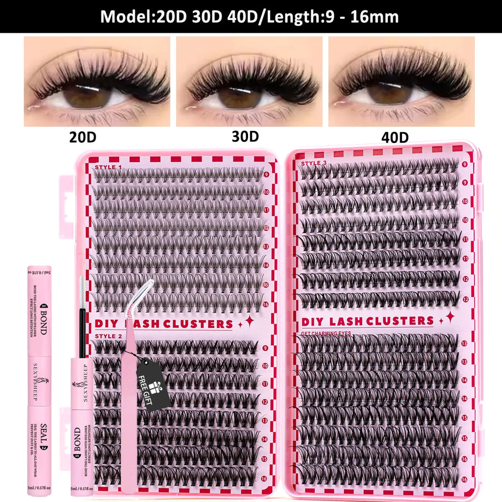 Lash Clusters Kit Cat Lashes with Lash Bond & Seal Cluster Eyelash Extensions Mix Styles Eyelash Clusters Kit DIY at Home Makeup