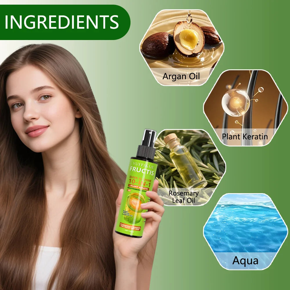 10-in-1 Hair Spray, Containing Plant Keratin, Offers 10 Major Benefits for Dry and Frizzy Hair, Including Repair and Smoothing.