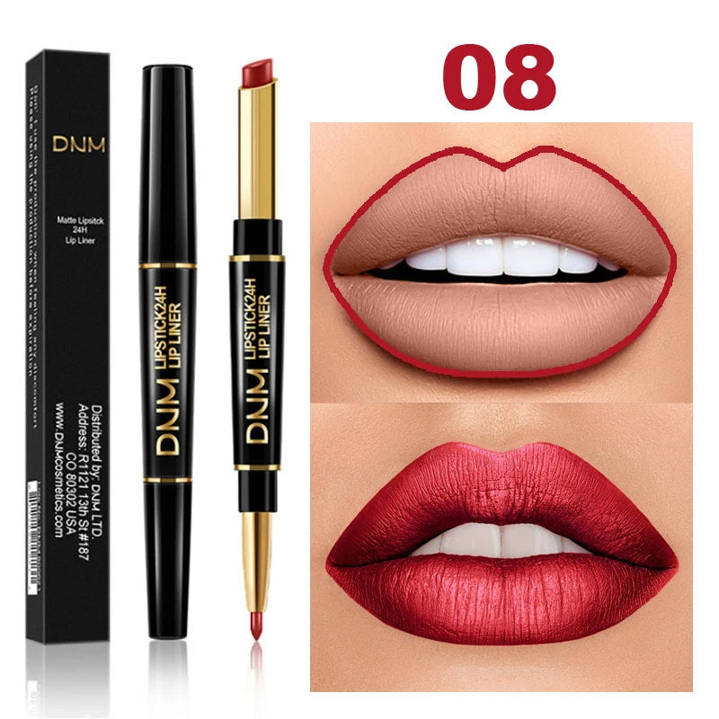 DNM 2 In 1 Matte Lipstick Pencil Double Head Lip Liner Pen Long Lasting Waterproof Lady Charming Nude Red Lipliner Pencil Makeup