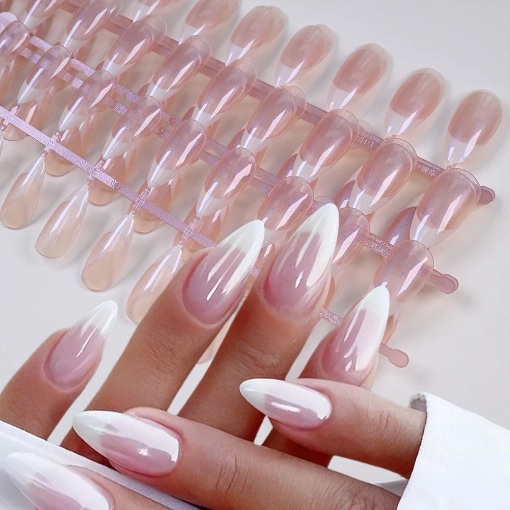 120pcs French Pearlescent Fake Nails Short Almond Full Cover Press On Nail White Edge Design 12Sizes Pink French-False Nail Tips