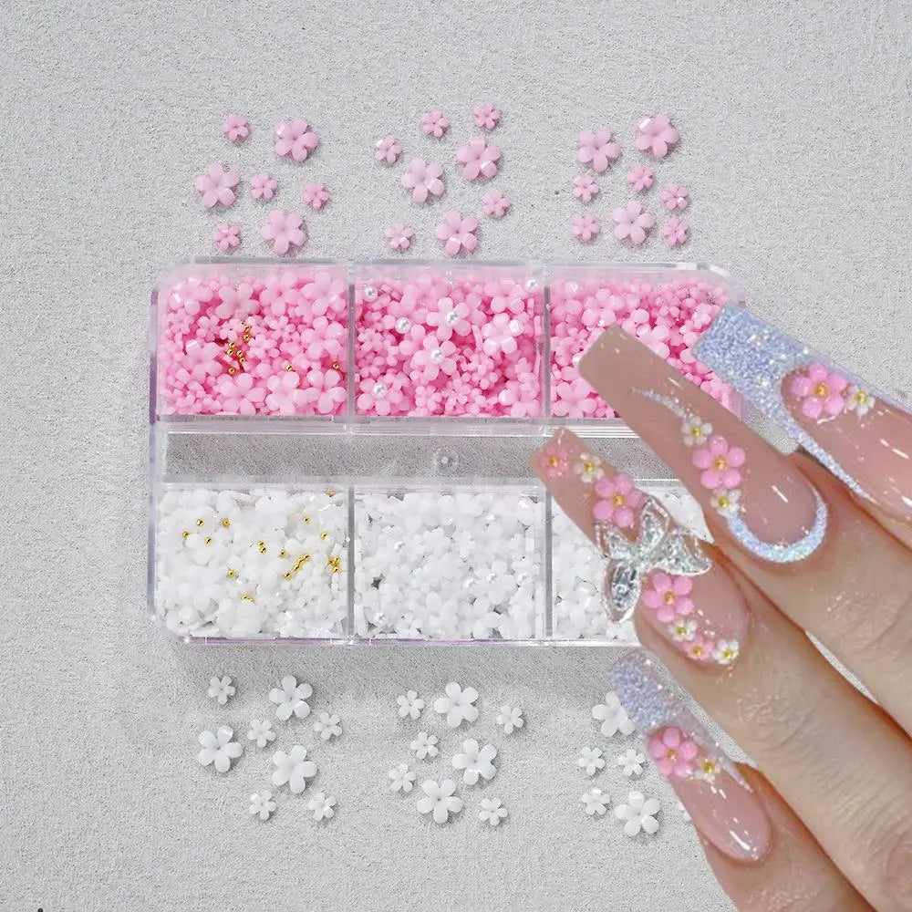 1Box 3D Pink/White Acrylic Flower Nail Charms with Gold&Silver Steel Beads Nail Art Decorations DIY Crafts Manicure Accessories