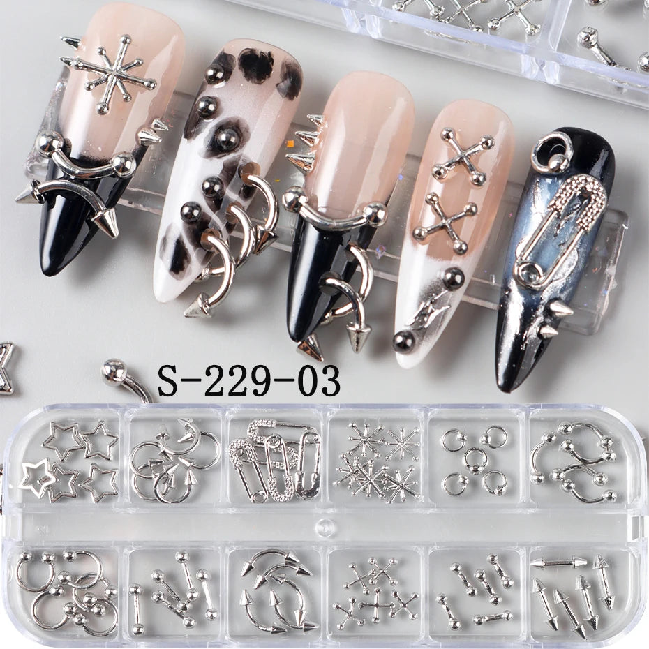 12 Grids Punk Silvery Gothic Punk Nail Charms Studs Metal Rivets Alloy Piercing Grunge DIY Nail Art Decoration Y2K Nail Supplies