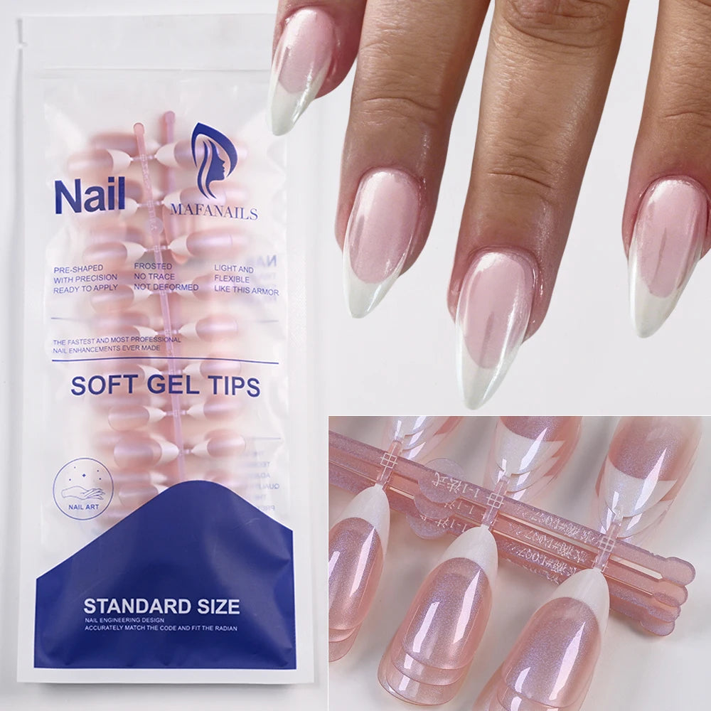 120pcs French Pearlescent Fake Nails Short Almond Full Cover Press On Nail White Edge Design 12Sizes Pink French-False Nail Tips