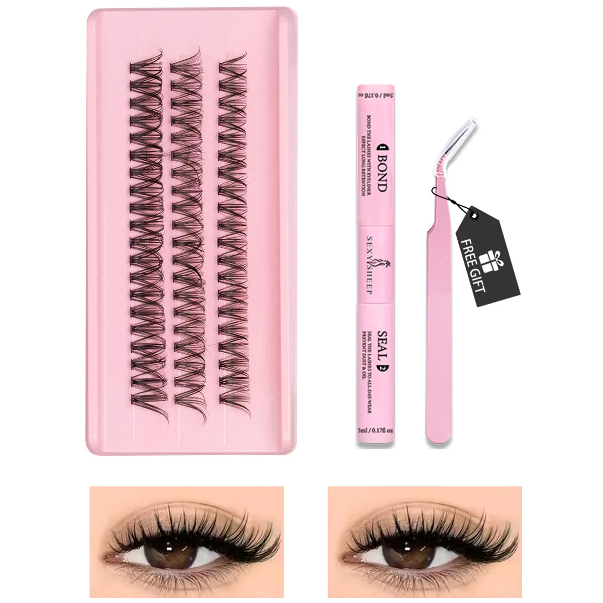 Lash Clusters Kit Cat Lashes with Lash Bond & Seal Cluster Eyelash Extensions Mix Styles Eyelash Clusters Kit DIY at Home Makeup