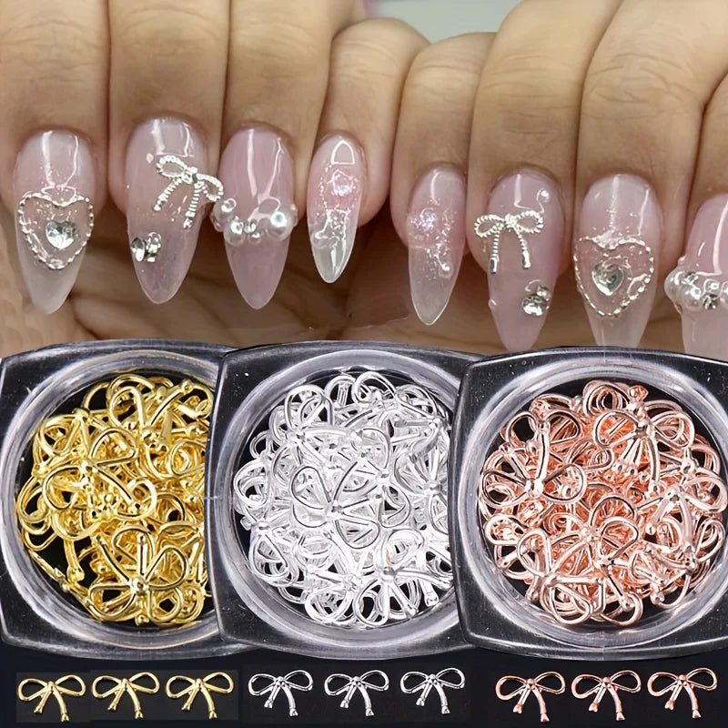3 Bottle Metal Willow Bows Nail Decoration Gold Silver 3D Bowknot Design DIY Charm Elegant Metallic Jewelry Manicure Accessoires