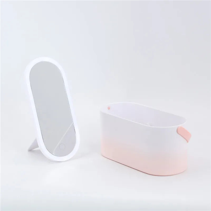 Makeup Organizer Box with LED Light Mirror Portable Travel Makeup Cosmetics Organizer Touch Light Storage Makeup Case