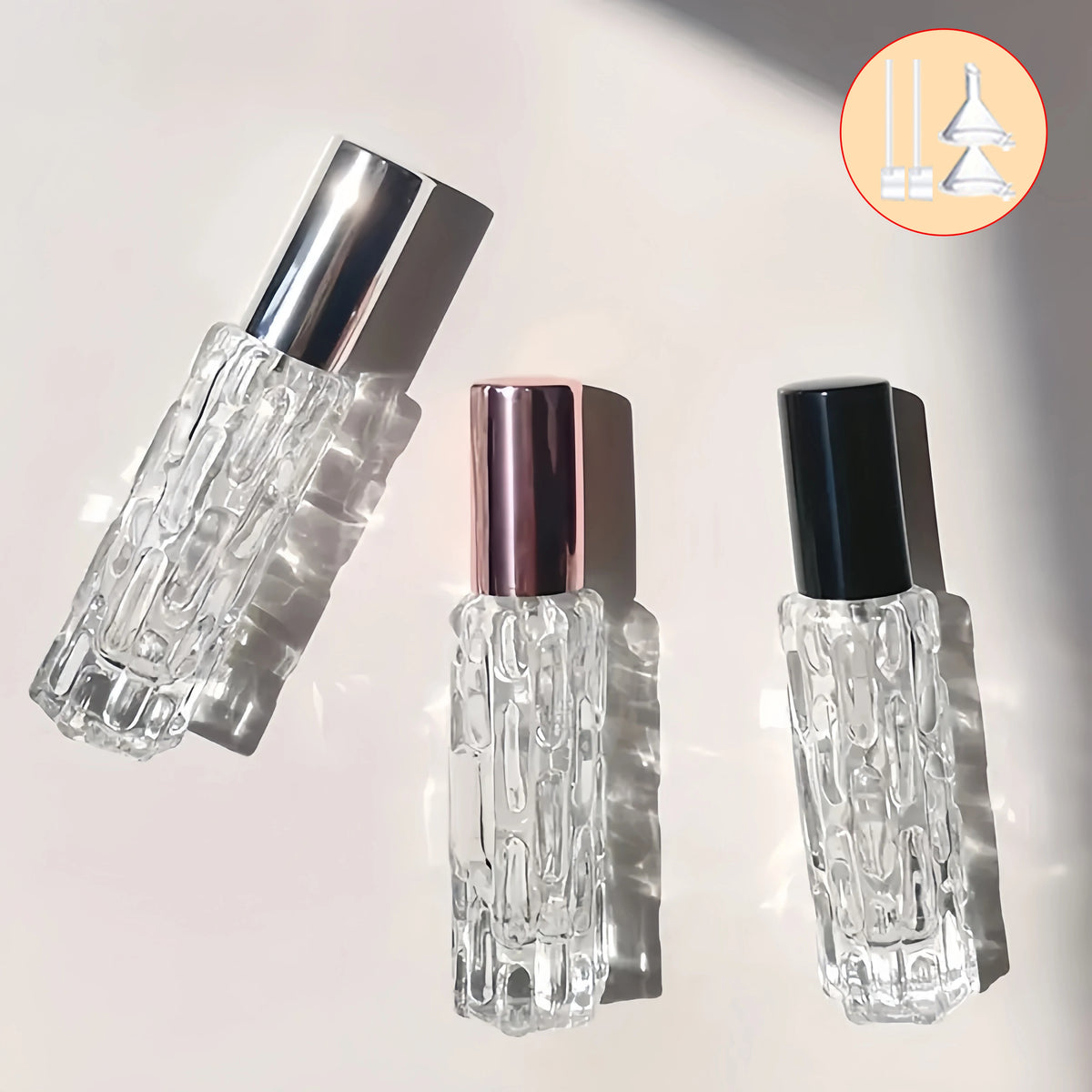 1/3/6pcs+4 accessories 10ml travel mini perfume atomizer container with 3 spray bottles, 2 funnels, 2 dispenser diviners
