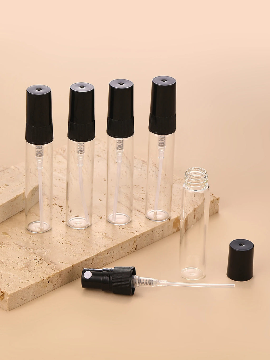 50pcs+4 Accessories 10ML Refillable Glass Spray Bottle with 50 Spray Bottles, 1 Dropper, 1 Funnel, 1 Dispenser, 1 Syringe