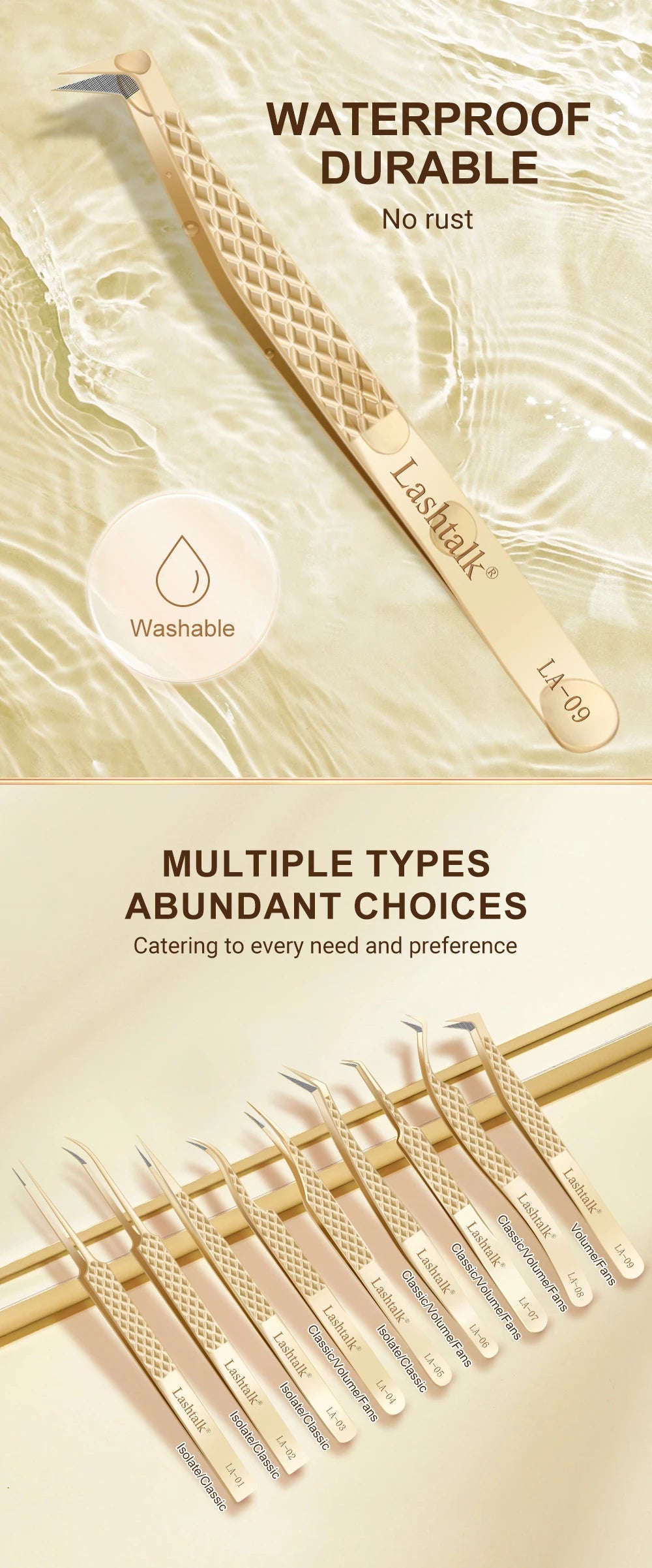 Lashtalk Precision Fiber Tip Tweezer Eyelash Extensions Diamond Grip Anti-Slip Premium Gold Stainless Steel Makeup With Box Pack