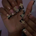 24pcs Long Ducknail Black French Tip Press On Nails 3D Alloy Cross, Snake-Shaped Decoration With Rhinestone Design Fit Perfectly