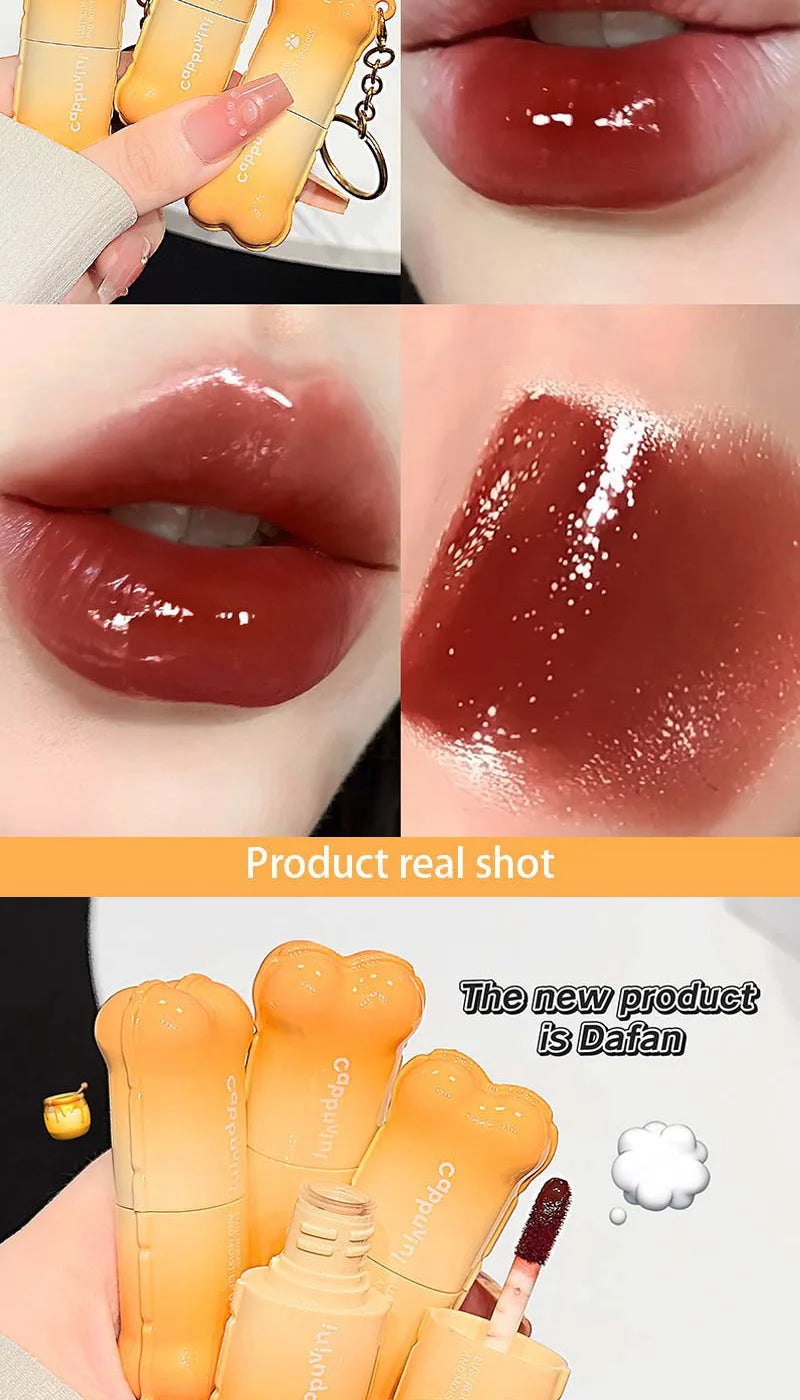 PINKCOCO Bear Doodle Mirror Lip Glaze — Long-Lasting Shiny Lip Gloss, Student-Friendly, Skin-Brightening Nude Lipstick