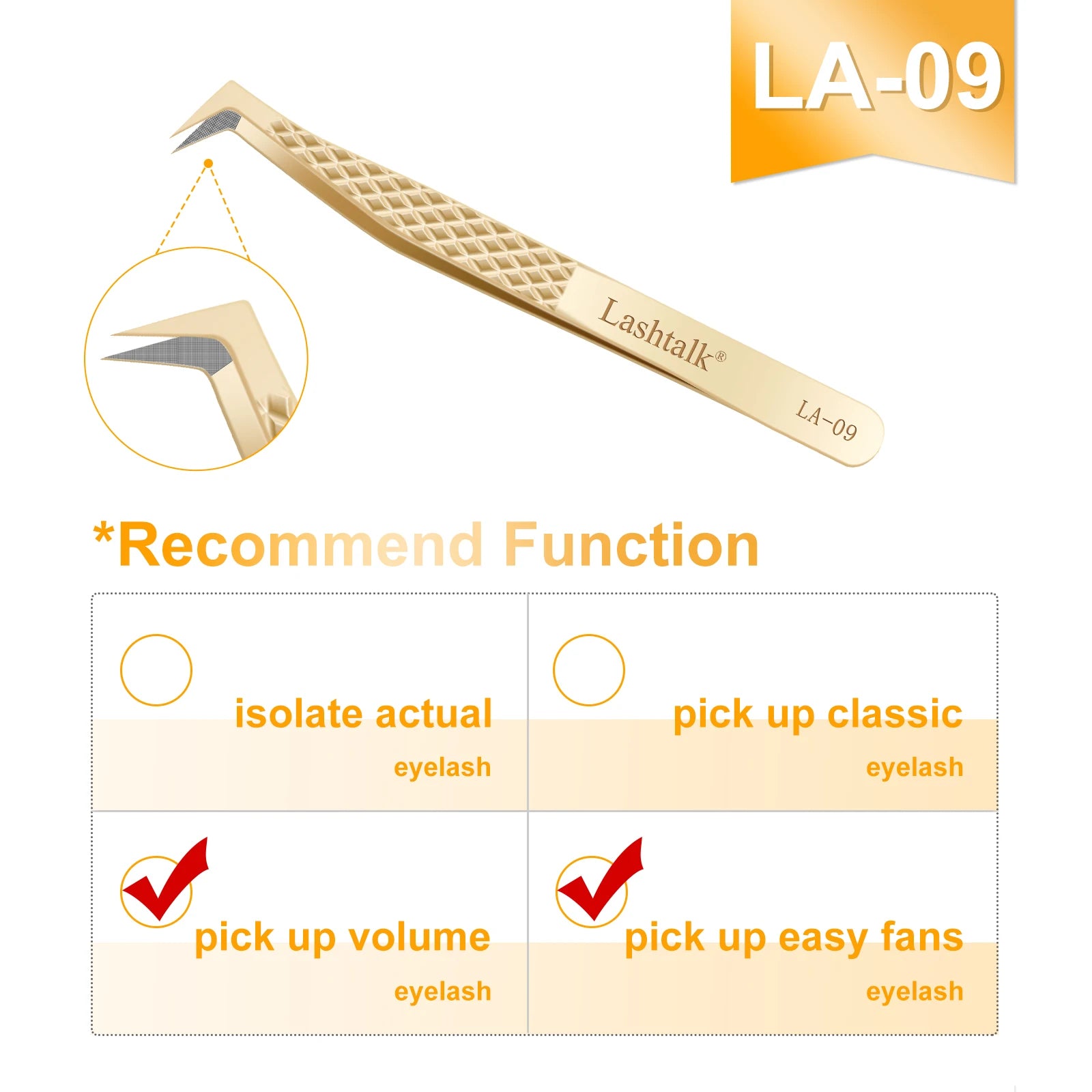Lashtalk Precision Fiber Tip Tweezer Eyelash Extensions Diamond Grip Anti-Slip Premium Gold Stainless Steel Makeup With Box Pack