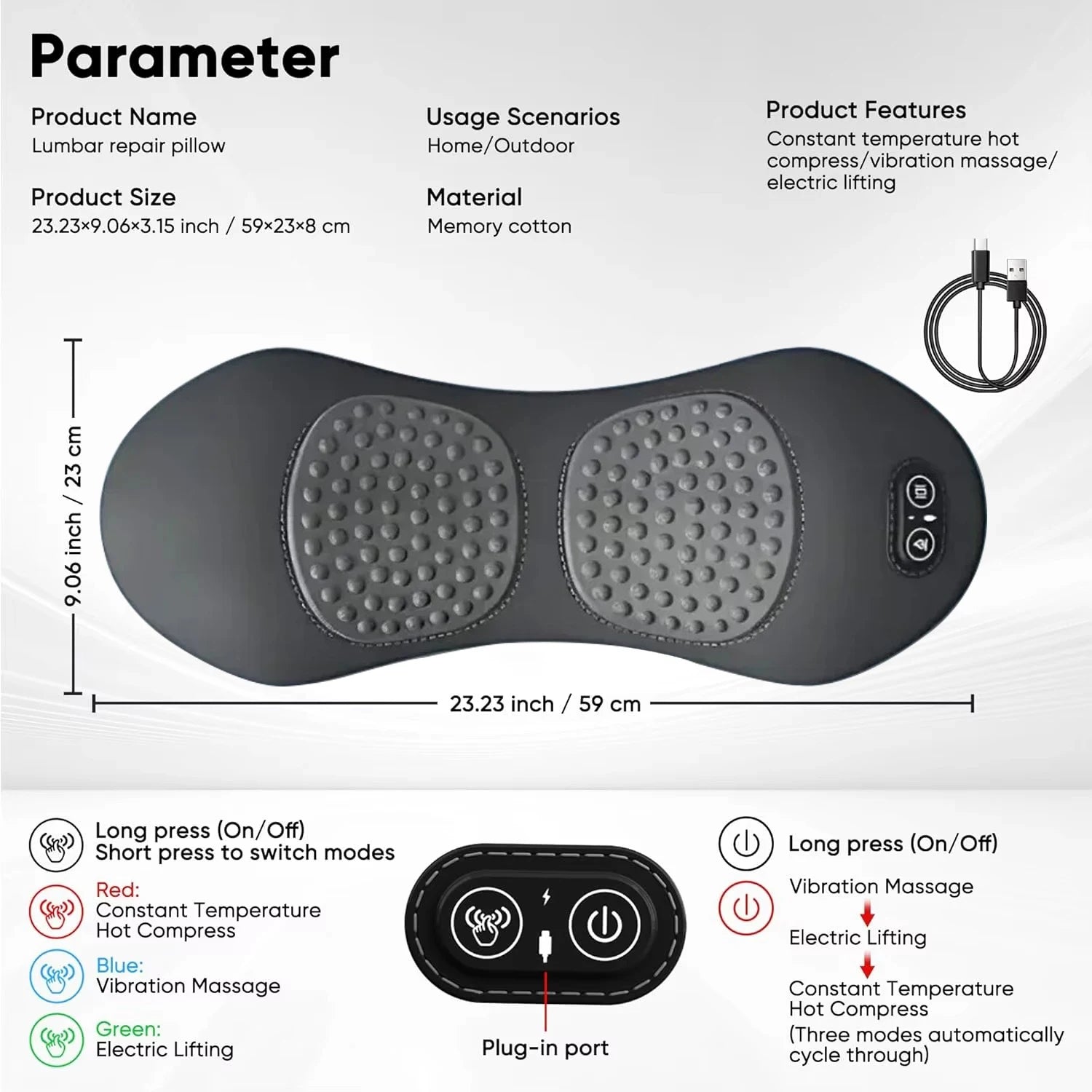 Heating Vibration Massage Pillow Electric Lumbar Support Pad Bed Sleeping Waist Protection Cushion Lying Flat Waist Pain Relief