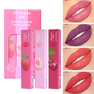 5-in-1 Fruit Velvet Matte Lipstick Set, Long-Lasting, Highly Pigmented, Moisturizing Lip Balm, Smooth Application for Soft lips