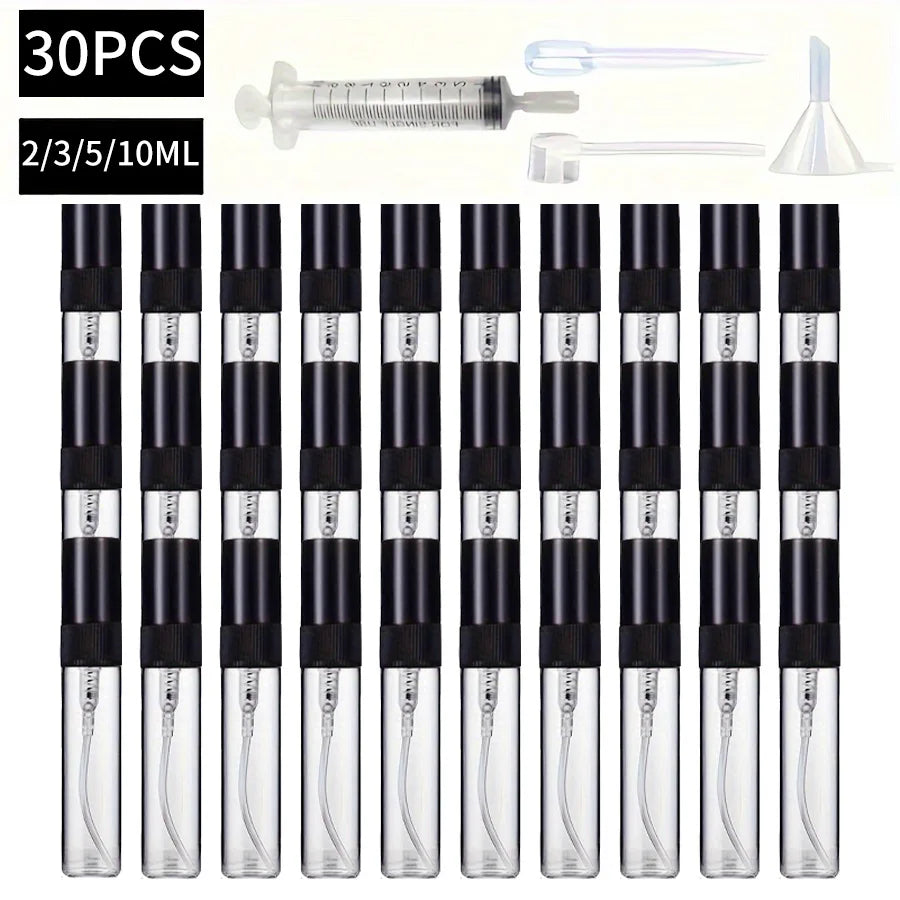 30pcs+4 accessories 2/3/5/10ML glass spray bottle-contains 30 spray bottles, 1 funnel, 1 dispensing artifact, 1 straw, 1 syringe