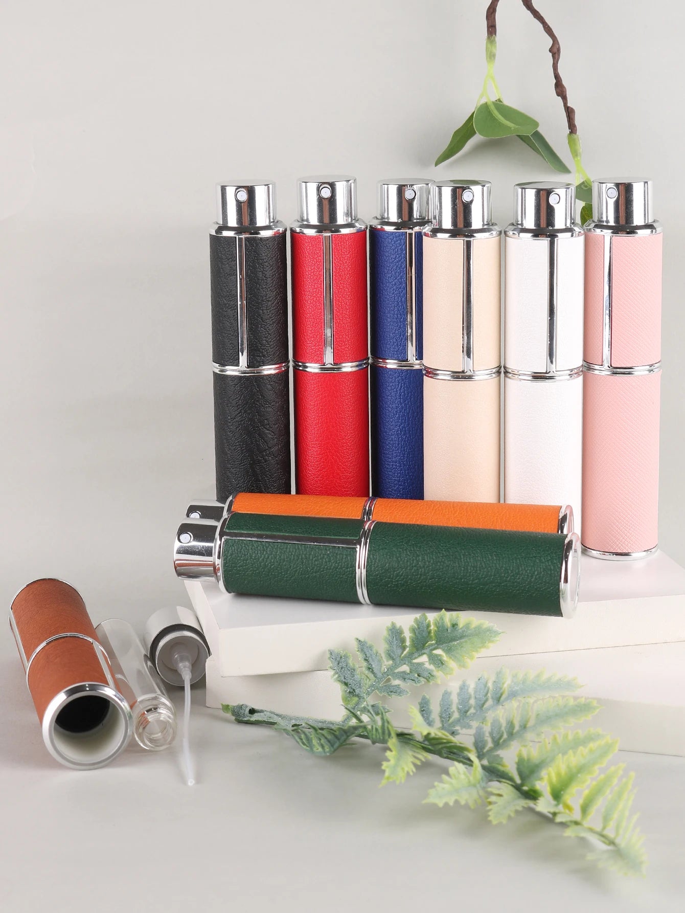 10ml rotary leather perfume bottle, empty refillable travel container, empty cologne bottle, portable spray bottle, pocket size