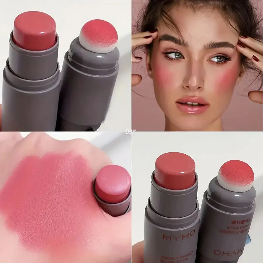 Double Head Sponge Monochrome Powder Blusher Lip and Cheek Dual-Use Durable Matte Natural Rouge Powder Blusher Stick Light Natur