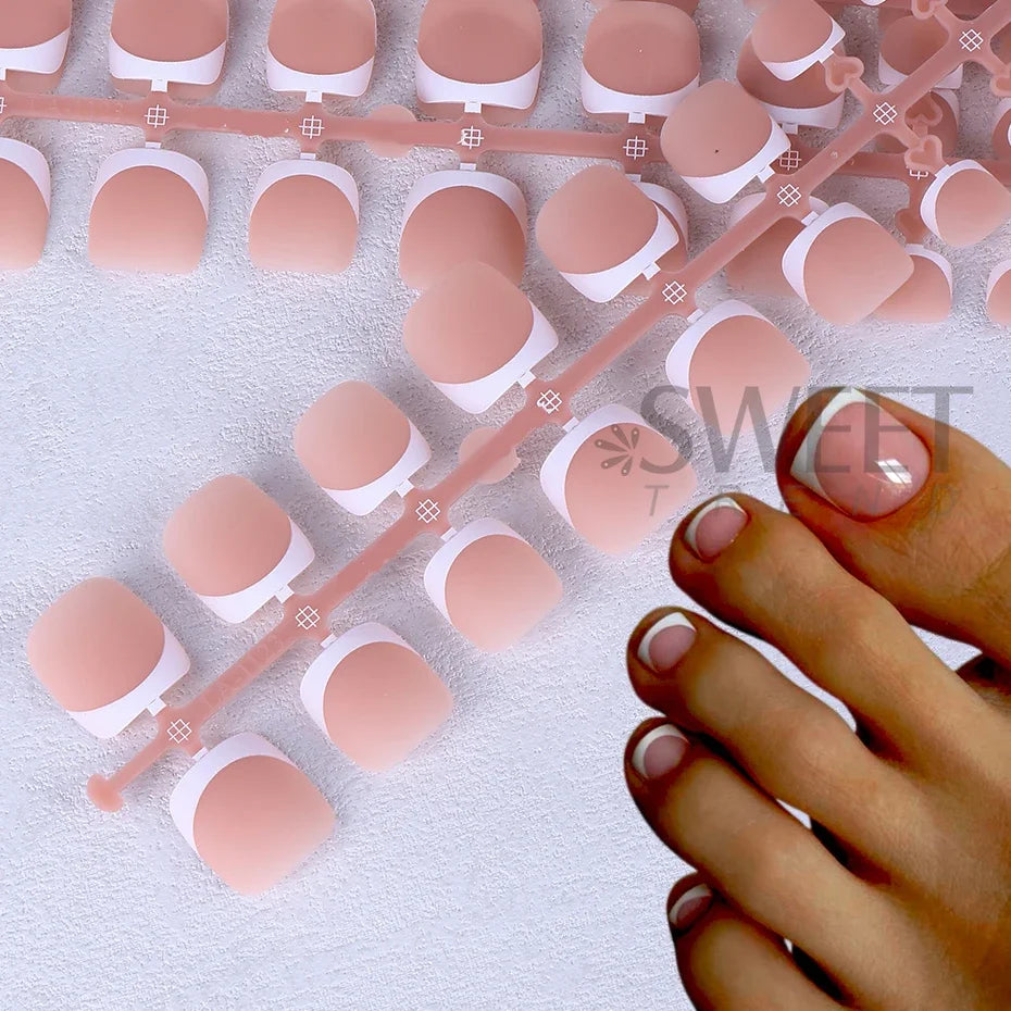 160pcs Fake Toe Nail Tips Pink French Short Square Full Cover Natural Artificial Acrylic Fake Press On Toenails For Nail Salons