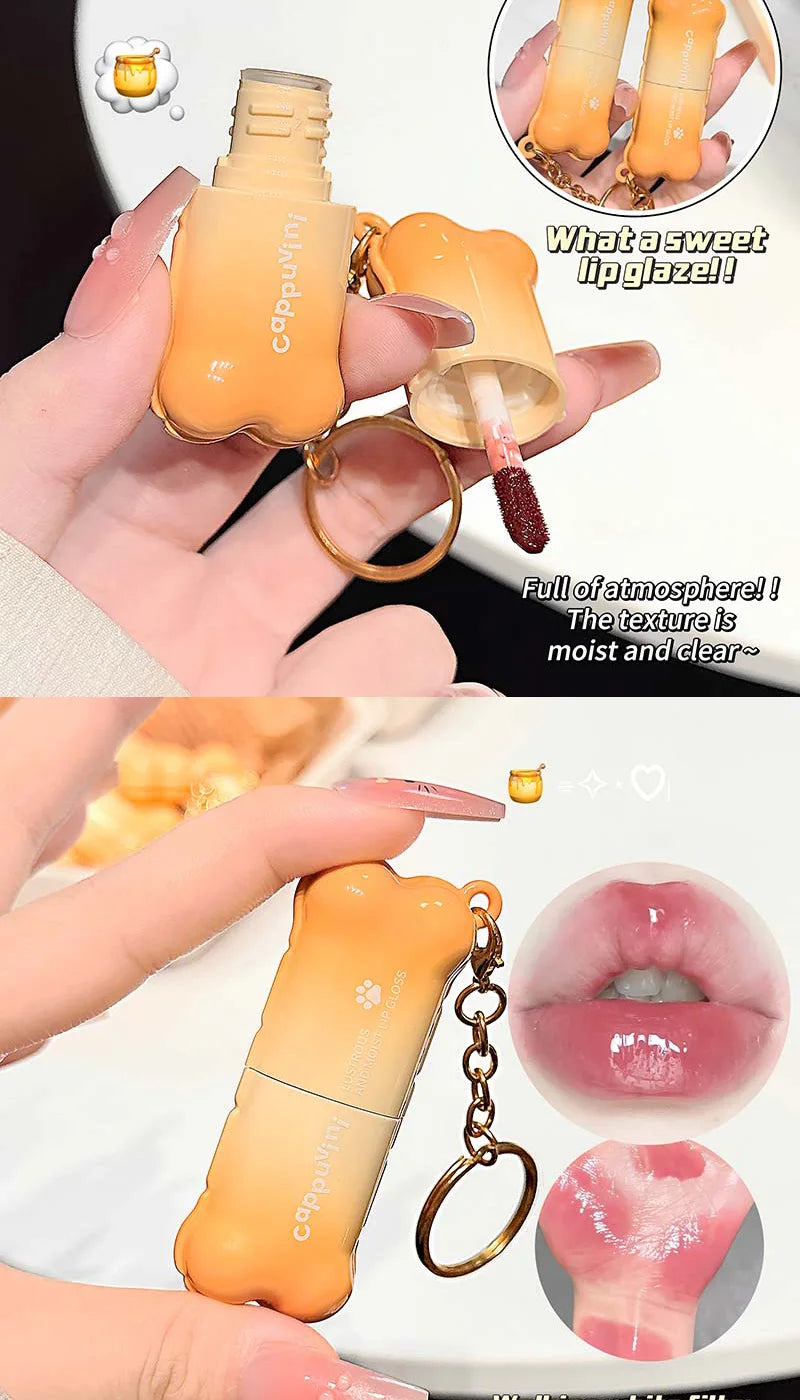 PINKCOCO Bear Doodle Mirror Lip Glaze — Long-Lasting Shiny Lip Gloss, Student-Friendly, Skin-Brightening Nude Lipstick
