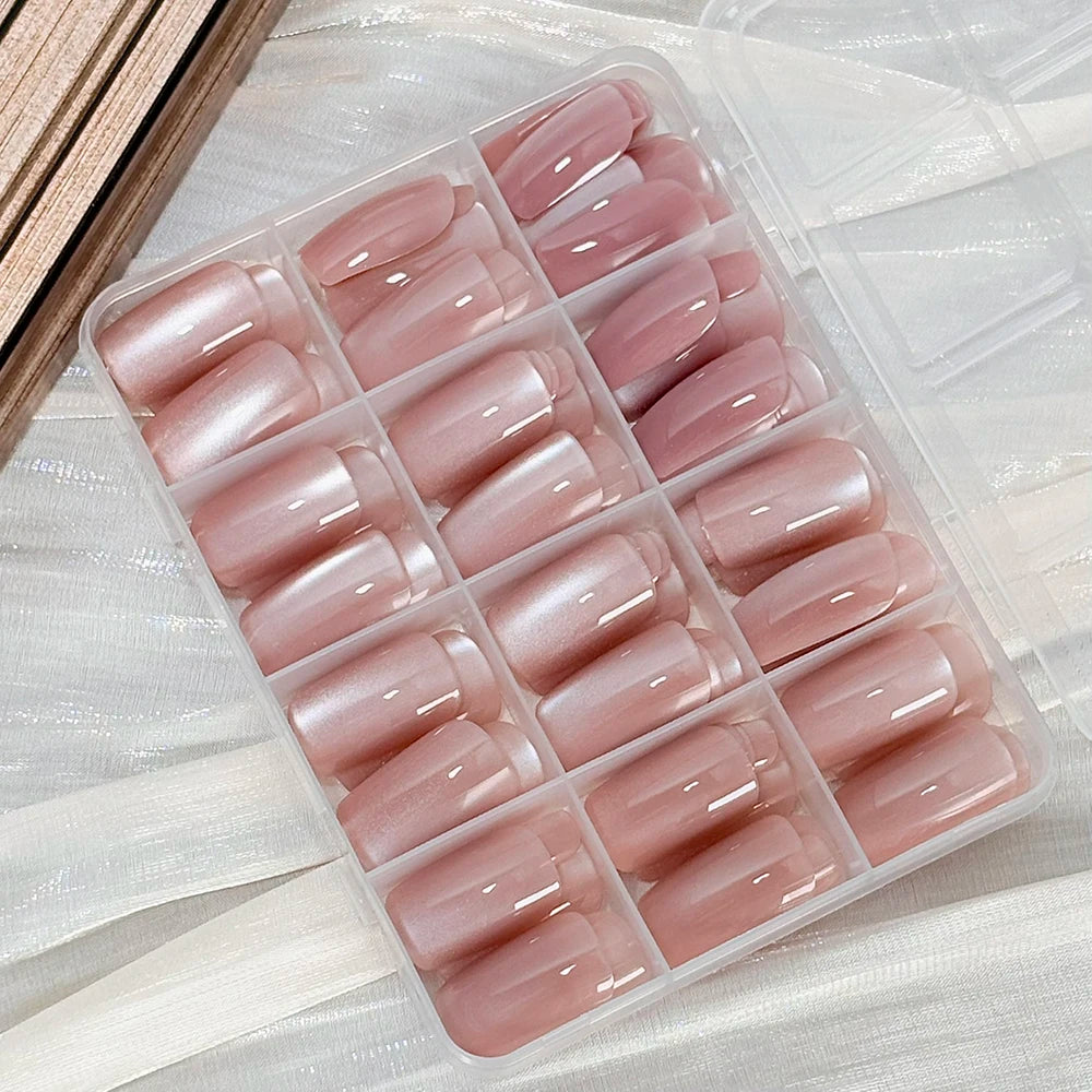 144Pcs/Box Nude Pink Cat's Eye Press On Nails Glossy Short Round Head Fake Nail Detachable Full Cover False Nailtip DIY Manicure