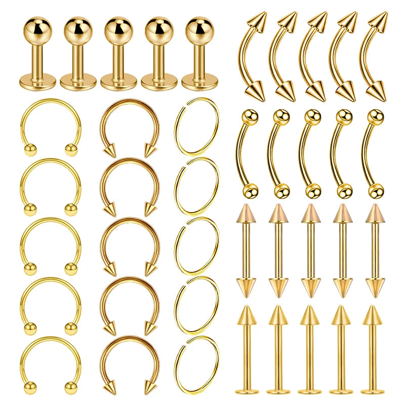40PCS Surgical Steel Body Piercing Jewelry Lot Bulk Nose Ring Tongue Bar Lot Eyebrow Labret Piercing Set Horseshoe Ring Lot Pack