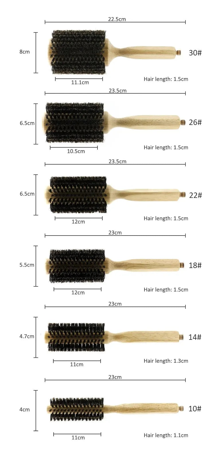 Professional 6 Sizes Barber Salon Wood Handle Boar Bristles Round Brush Removable Tail Hairdresser Hair Brush Hair Round Combs